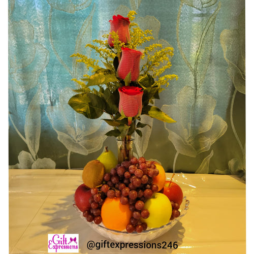 3 Roses in a Bud Vase & Fruit Basket - Gift Expressions   