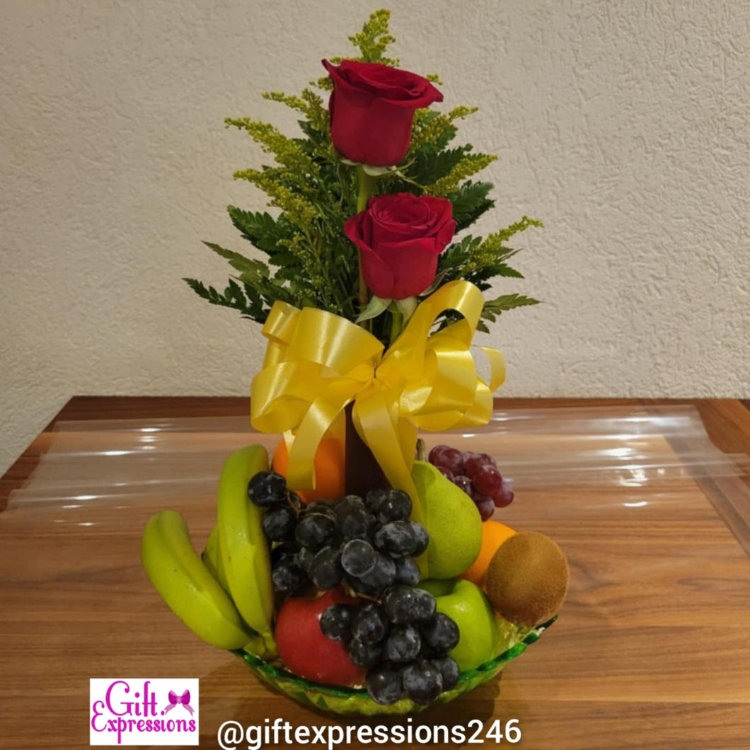 Fruit Basket With 2 Roses in a Bud Vase