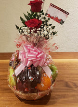 Load image into Gallery viewer, Fruit Basket With 2 Roses in a Bud Vase - Gift Expressions   
