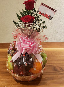 Fruit Basket With 2 Roses in a Bud Vase - Gift Expressions   